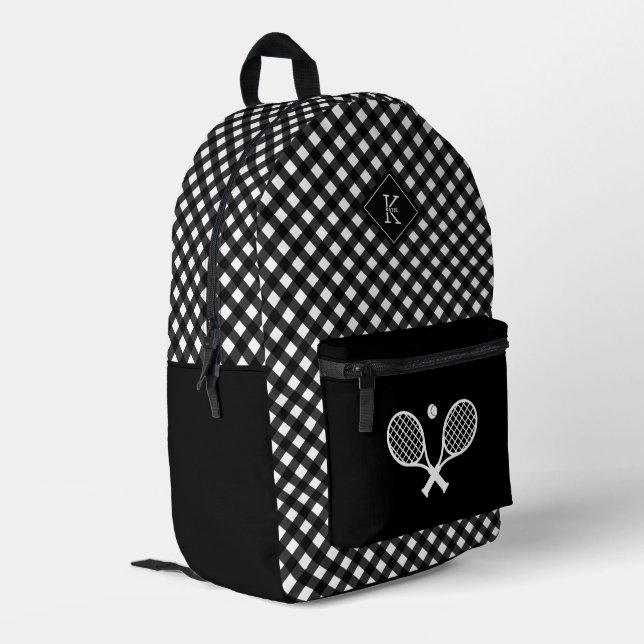 Modern Monogrammed Tennis Player Plaid Pattern Printed Backpack (Back Corner Left)