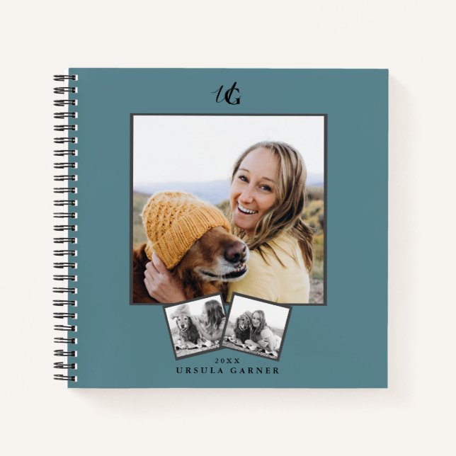 Modern  Monogrammed  Turquoise Blue 3-Photo   Notebook (Front)