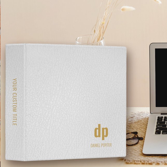 Modern Monogrammed White Professional Leather Look 3 Ring Binder (Leather look monogramed binder in white and gold)