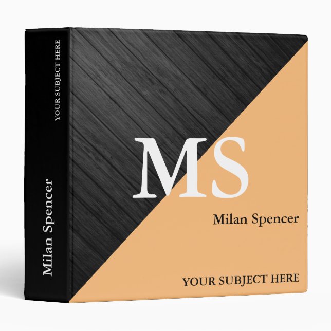 Modern Monogrammed wood & black custom subject 3 Ring Binder (Front/Spine)