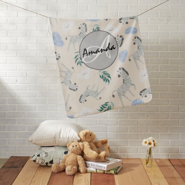 Modern monogrammed zebra nursery pink pattern chic baby blanket (In Situ)