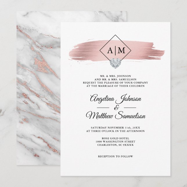 Modern Monograms Rose Gold Marble Heart Wedding Invitation (Front/Back)