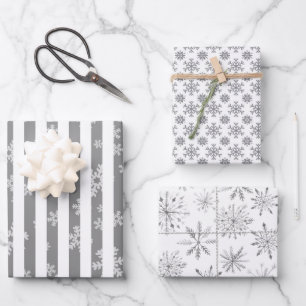 Modern Monotone Black White Snowflake Wrapping Paper Sheets