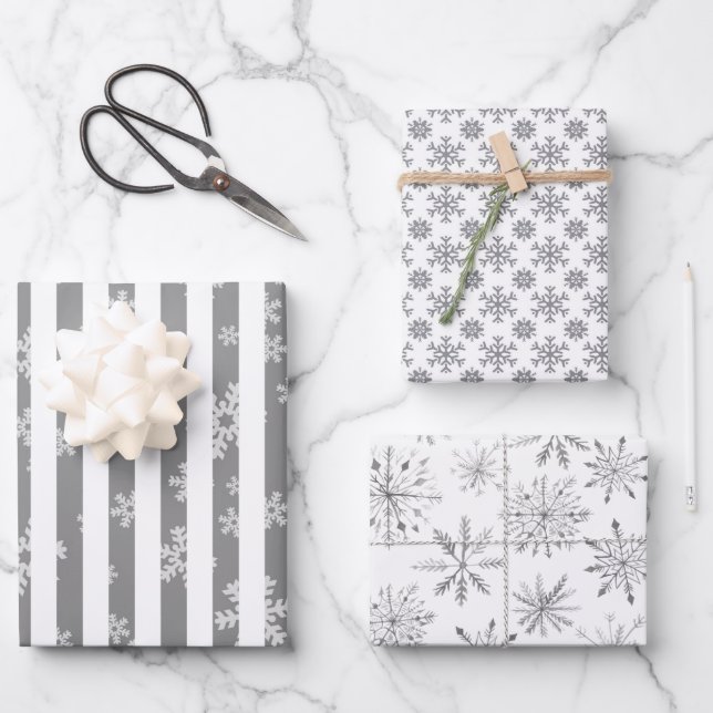 Modern Monotone Black White Snowflake Wrapping Paper Sheets (Front)