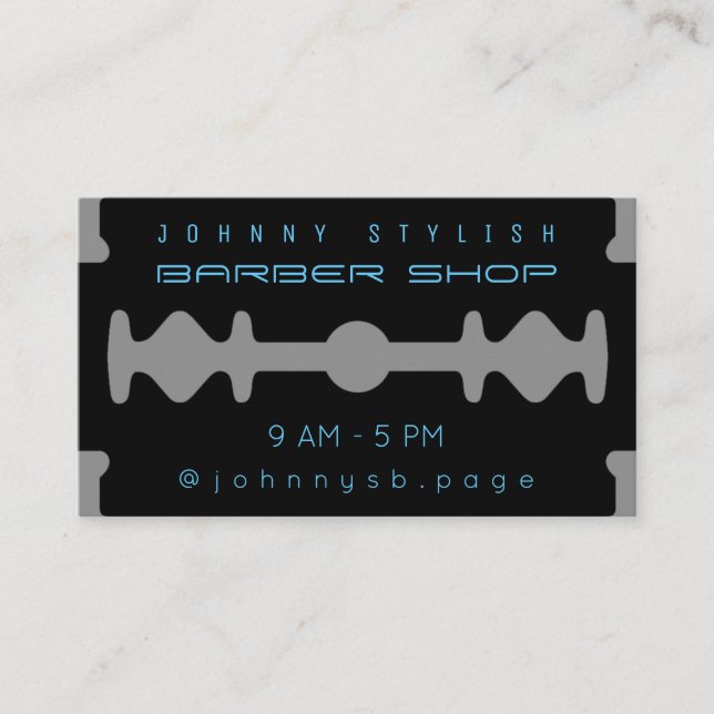 Modern monotone razor blade inspired look black business card (Front)