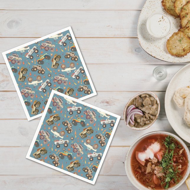 Modern Monster Truck Birthday Watercolor Blue Napkins (Creator Uploaded)