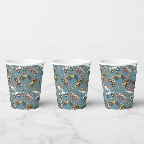 Modern Monster Truck Birthday Watercolor Blue Paper Cups