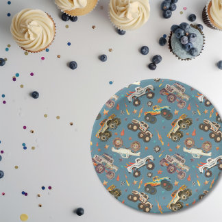 Modern Monster Truck Birthday Watercolor Blue Paper Plates