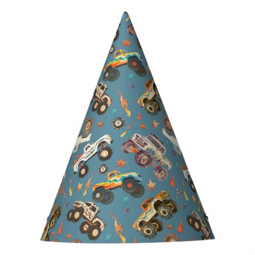 Modern Monster Truck Birthday Watercolor Blue Party Hat