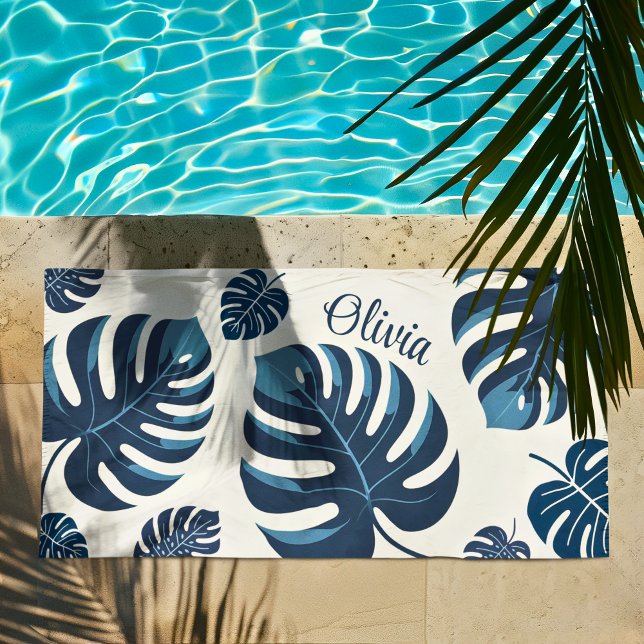 Modern Monstera Leaf Blue & White Beach Towel (Creator Uploaded)