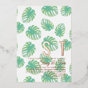 Modern Monstera Leaf Botanical Wedding Pressed Foil Invitation