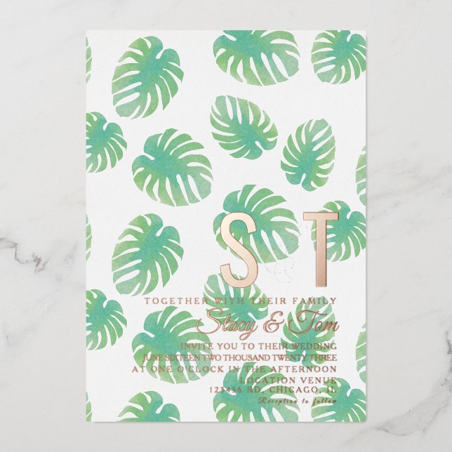 Modern  Monstera Leaf Botanical Wedding Pressed Foil Invitation (Front)