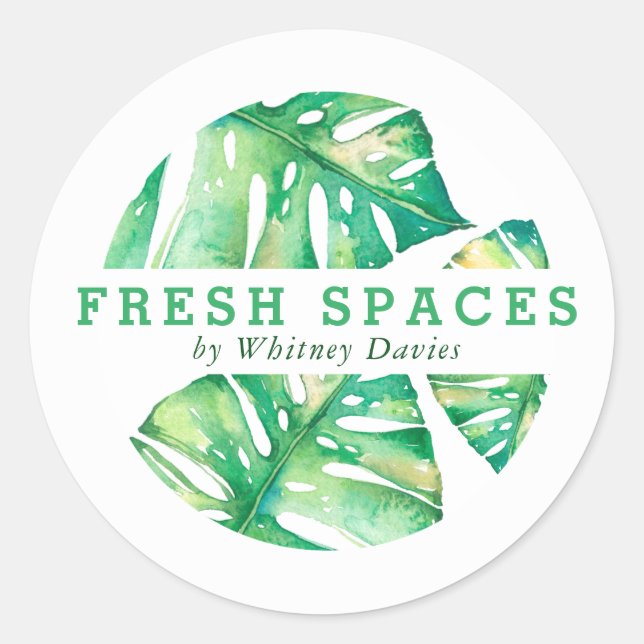 MODERN MONSTERA LEAF LOGO eco fresh health green Classic Round Sticker (Front)