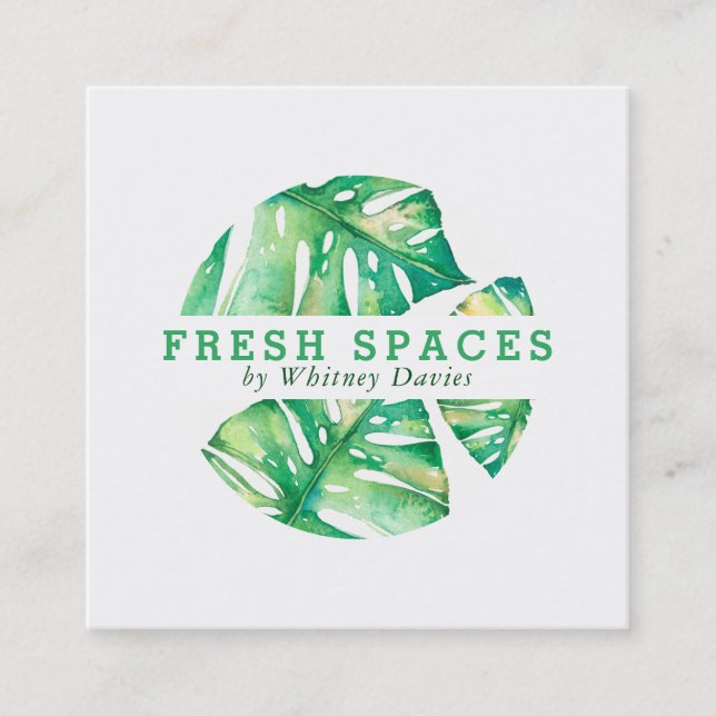 MODERN MONSTERA LEAF LOGO stylish health green Square Business Card (Front)