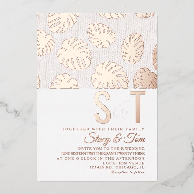 Modern Monstera Leaf Wedding Pressed  Foil Invitation (Front)