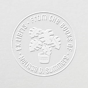 Modern Monstera Potted Houseplant Bookplate Embosser