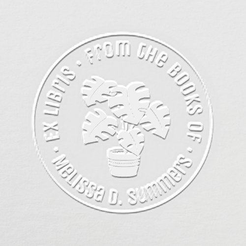 Modern Monstera Potted Houseplant Bookplate Embosser