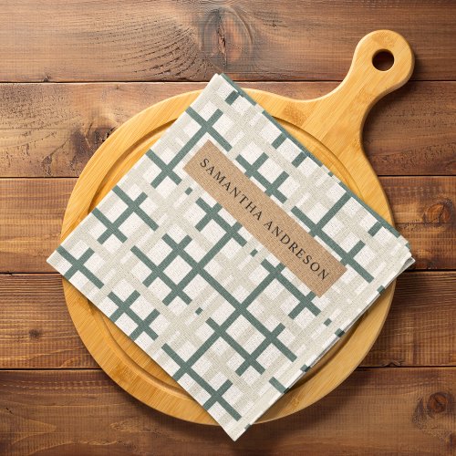 Modern Montauk Grid Green  Beige Kitchen Towel