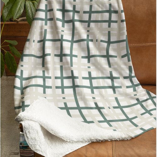 Modern Montauk Grid Green  Beige Sherpa Blanket