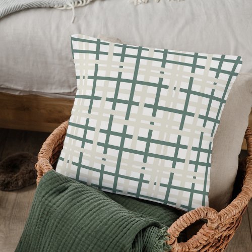 Modern Montauk Grid Green  Beige Throw Pillow