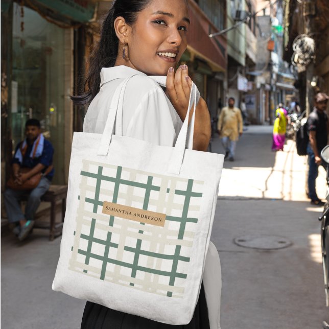 Modern Montauk Grid Green & Beige Tote Bag (Creator Uploaded)