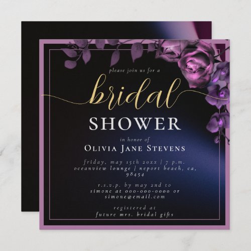 Modern Moody Black Dark Purple Frame Bridal Shower Invitation