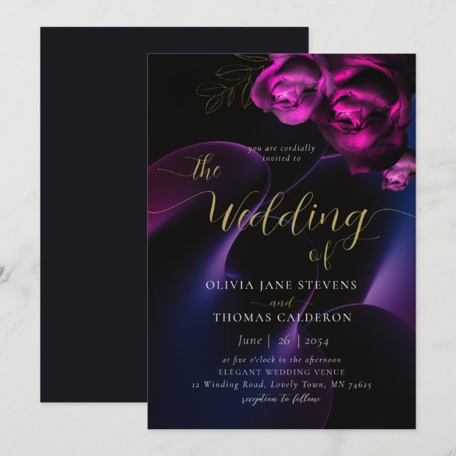 Modern Moody Black Purple Bright Floral Wedding Invitation (Front/Back)