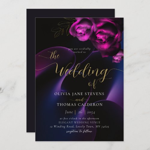 Modern Moody Black Purple Bright Floral Wedding Invitation