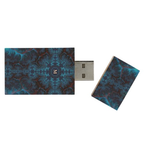 Modern Moody Blue Fractal Filigree with Monogram Wood Flash Drive