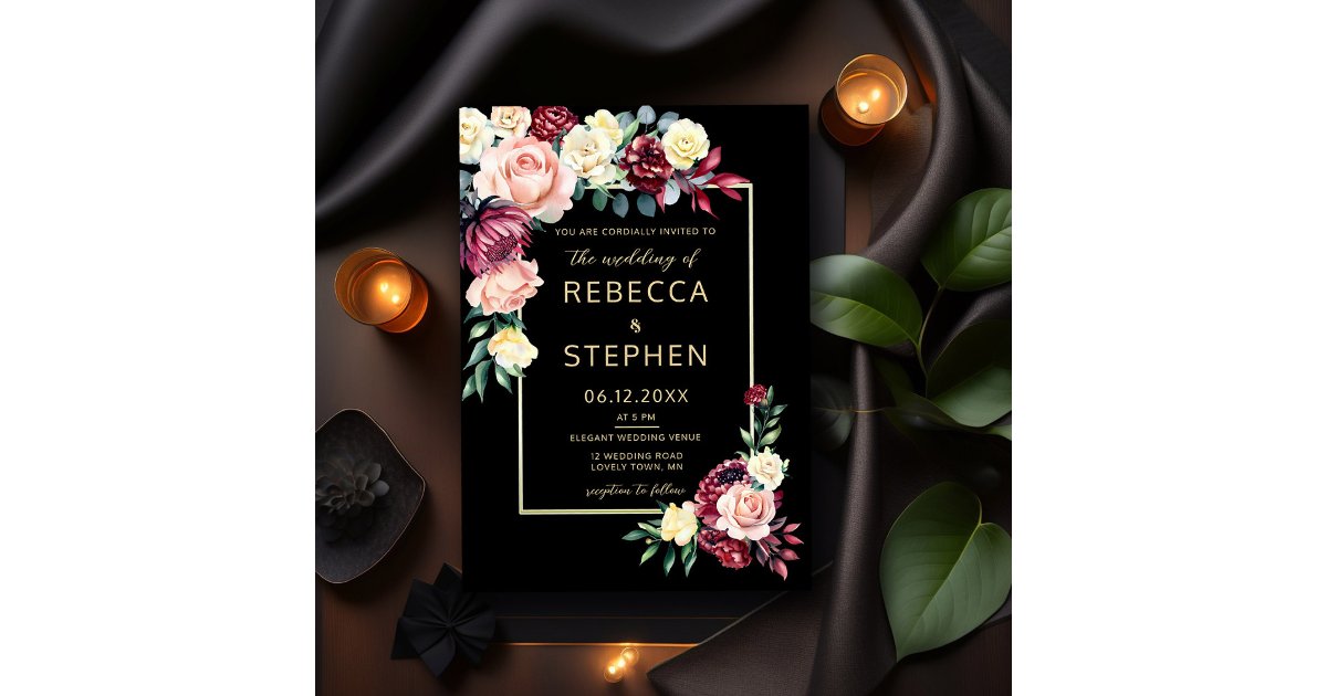 Modern Moody Burgundy Roses Floral Black Wedding Invitation | Zazzle