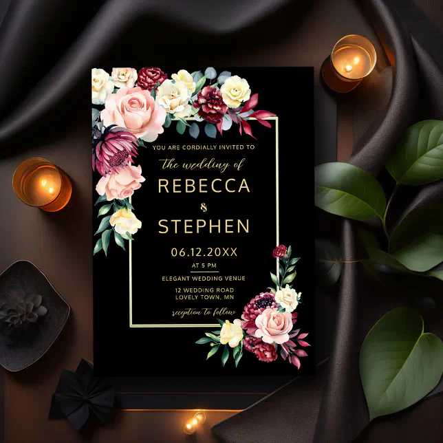 Modern Moody Burgundy Roses Floral Black Wedding Invitation | Zazzle