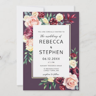 Modern Moody Burgundy Roses Floral Violet Wedding Invitation