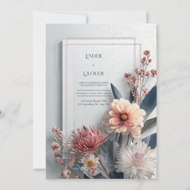Modern Moody Dahlia Pink Blue Gold Frame Wedding Invitation (Front)