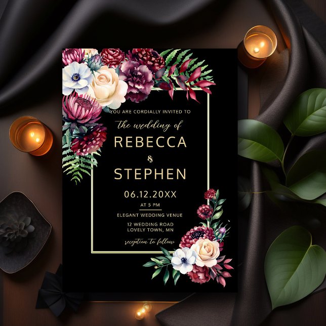Modern Moody Dark Burgundy Elegant Black Wedding Invitation (Creator Uploaded)