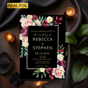 Modern Moody Dark Burgundy Floral Gold Wedding Foil Invitation