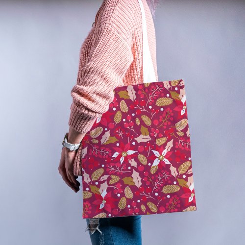 Modern Moody Dark Pink Poinsettia Pattern Tote Bag
