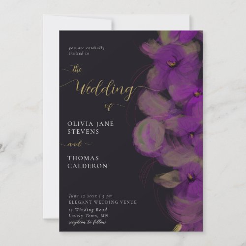 Modern Moody Dark Purple Orchids Wreath Wedding Invitation