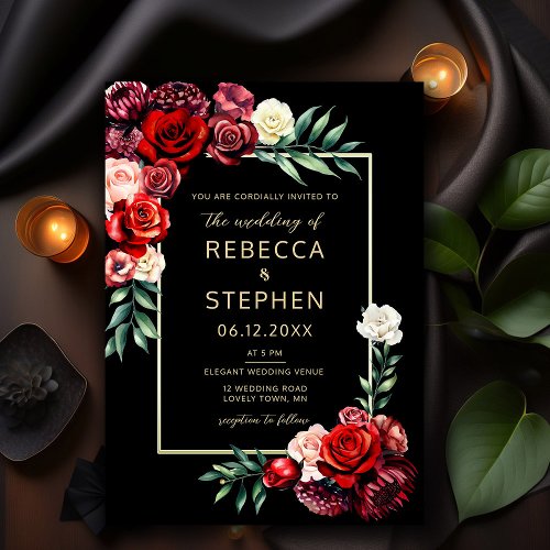Modern Moody Dark Red Roses Black Wedding Invitation