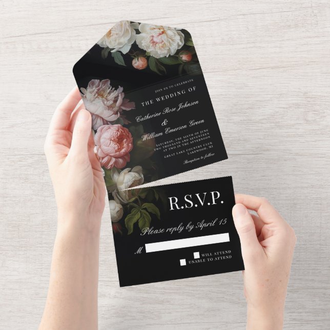 Modern Moody Dutch Peony and Rose Floral Wedding  All In One Invitation (Tearaway)
