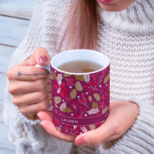 Modern Moody Festive Pink Poinsettia Folk Pattern Two_Tone Coffee Mug