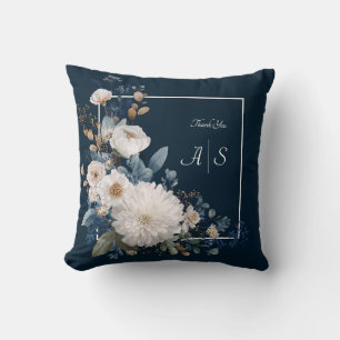 Modern Moody Floral Navy Blue White Peony Throw Pillow
