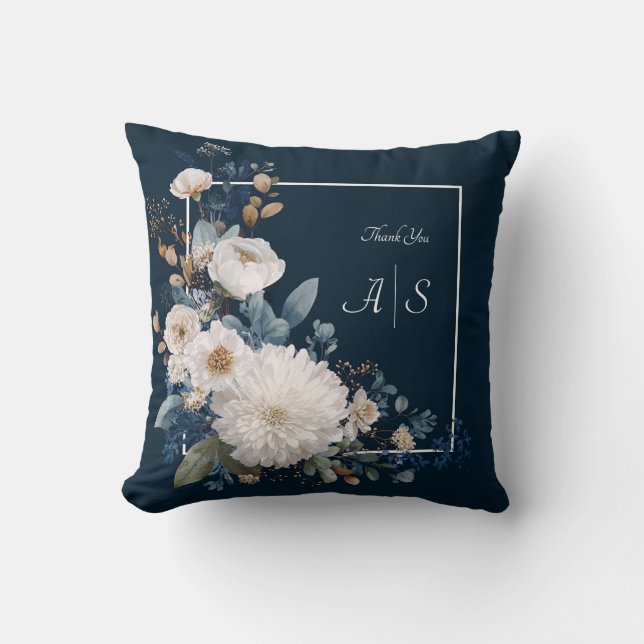 Modern Moody Floral Navy Blue White Peony Throw Pillow (Front)