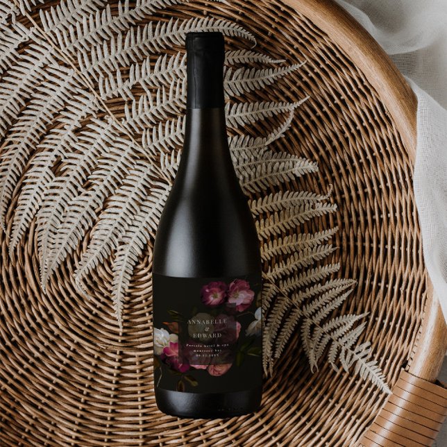 Modern Moody Floral Wedding Dark Romantic Sparkling Wine Label (Creator Uploaded)