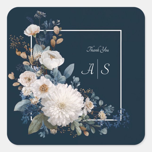 Modern Moody Navy Blue White Peony Floral Corner Square Sticker (Front)