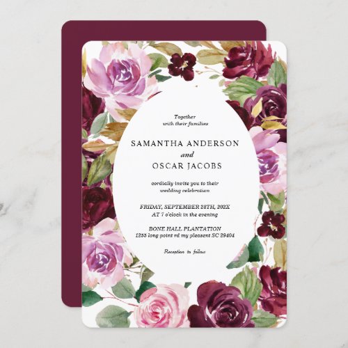 Modern Moody  Rustic Burgundy  Floral Frame   Invitation