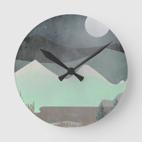 Modern Moon and Mountains Abstract Landscape Art Round Clock