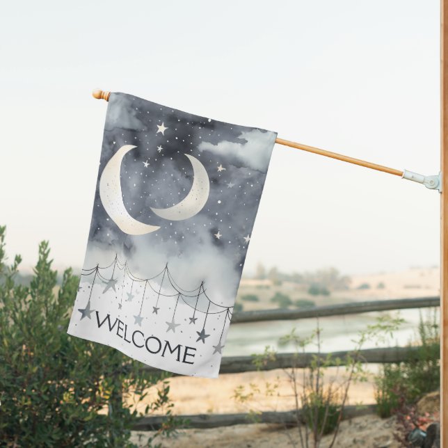 Modern Moon and Stars Welcome  House Flag (Insitu (Back))