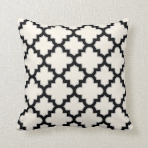 Modern Moroccan Quatrefoil in Cream Black Grey Throw Pillow