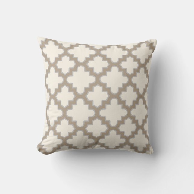 Modern Moroccan Quatrefoil in Cream Tan Grey Throw Pillow (Front)