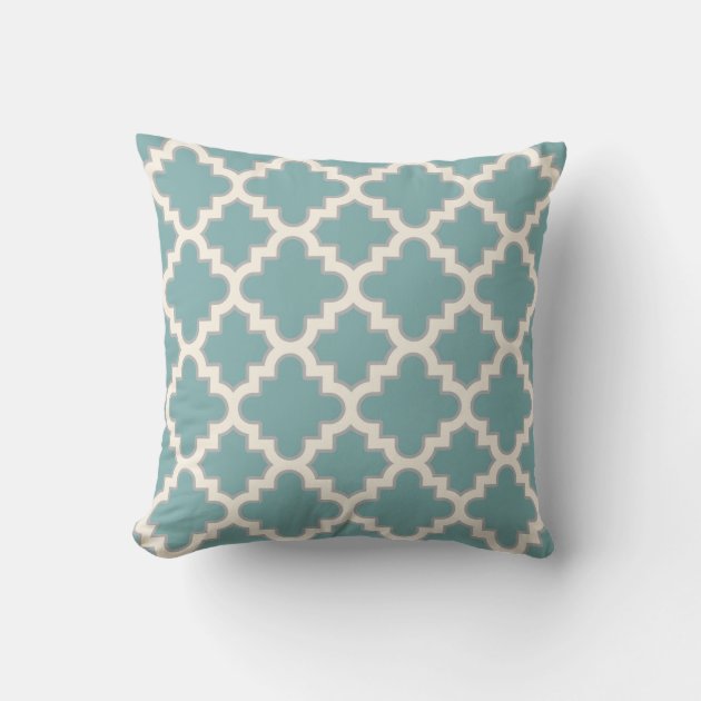 Modern Moroccan Quatrefoil in Teal Cream Grey Throw Pillow Zazzle